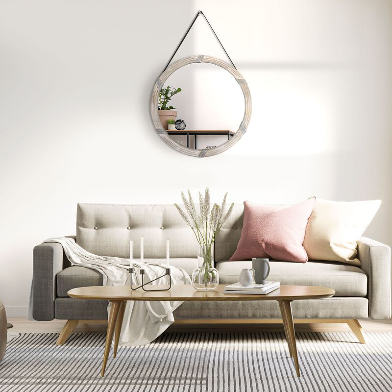 Natural Wood Decor: 31 Inch Round Wall Mirror for Living Room