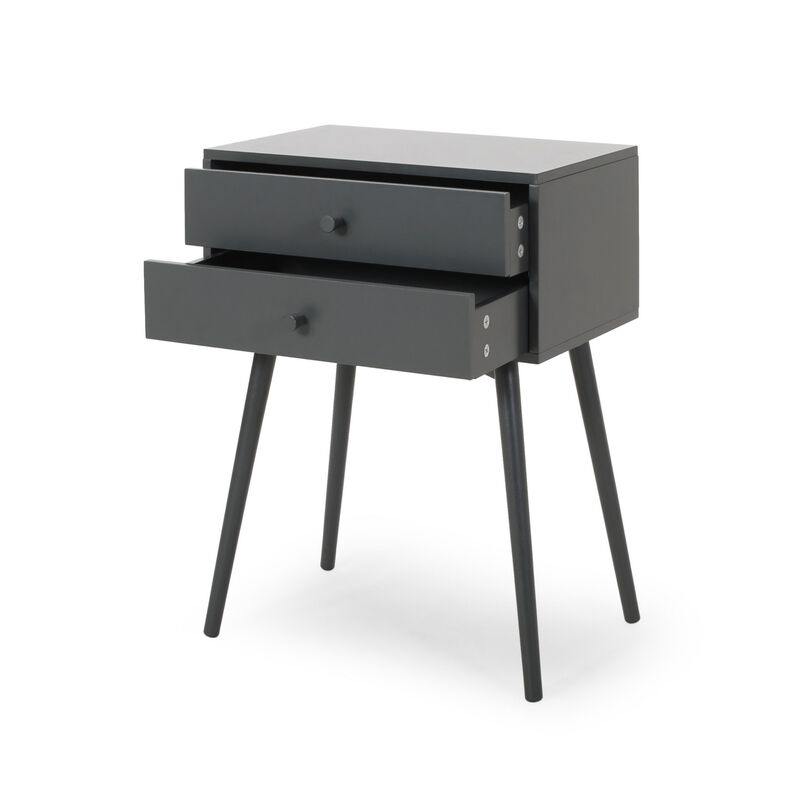 Cale Side Table, 2 Drawer 18 Inch Rectangular, Grooved Gray Rubberwood - Benzara