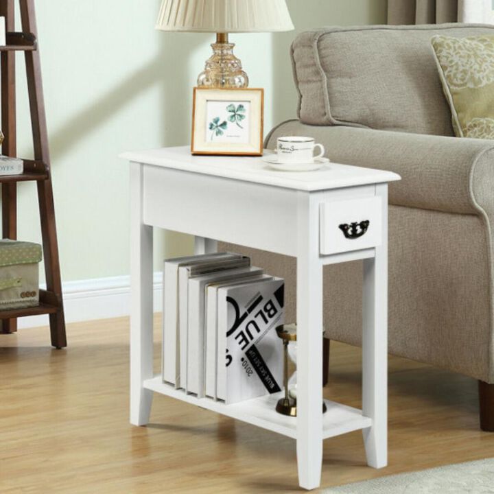 2 Pieces 2 Tier Sofa Side End Table with Drawer and Open Shelf