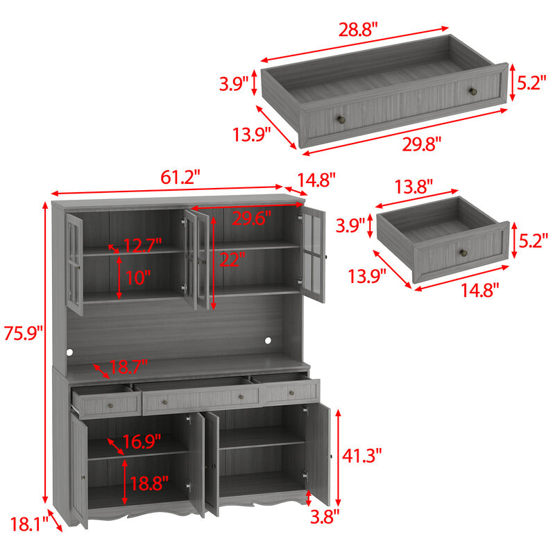 Gray Painted Wooden 61.2 in. W Buffet and Hutch Kitchen Cabinet with Drawers and Adjustable Shelves, Glass Doors