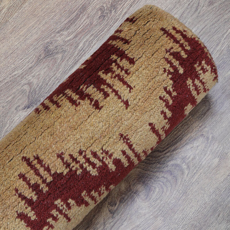 HAND KNOTTED WOOL Geometric AREA RUGS  - 9'x12', Rectangle Shape, Red Gold Color, Geometric Modern, Medium Pile Handmade Area Rugs for Living Room, Bed Room (N00165)