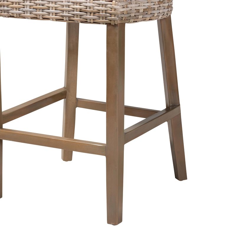 Bali & Pari Enver Modern Bohemian Grey Kubu Rattan And Mahogany Wood Counter Stool