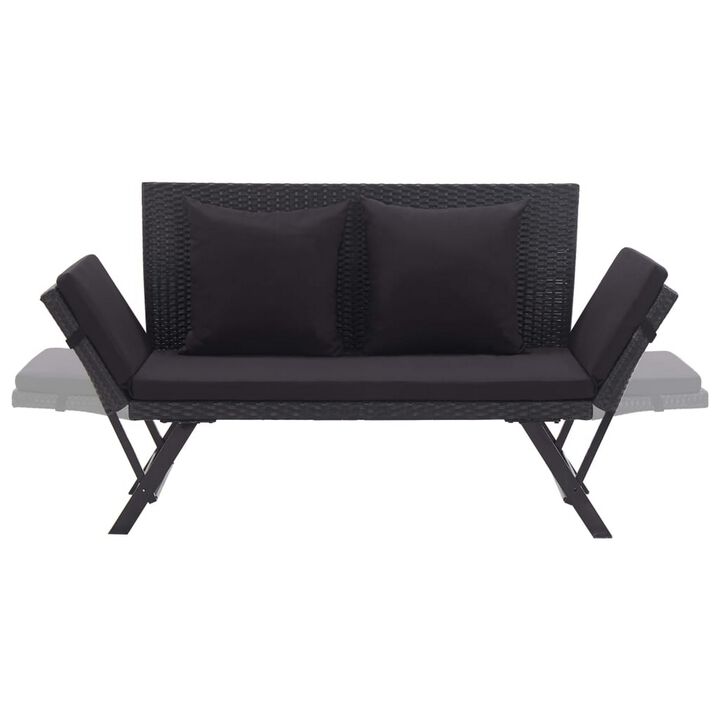 Outdoor Loveseat Bench, Black Fabric Cushions, Rattan, Steel, 51 Inch - Benzara
