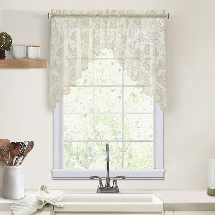 Habitat Limoges Sheer Rod Pocket Delicate Scalloped Bottom Hem Floral Lace Design Swag Valance Set 72" x 32" Ivory
