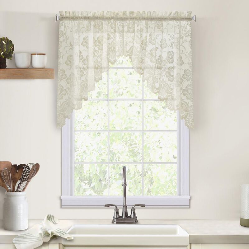 Habitat Limoges Sheer Rod Pocket Delicate Scalloped Bottom Hem Floral Lace Design Swag Valance Set 72" x 32" Ivory