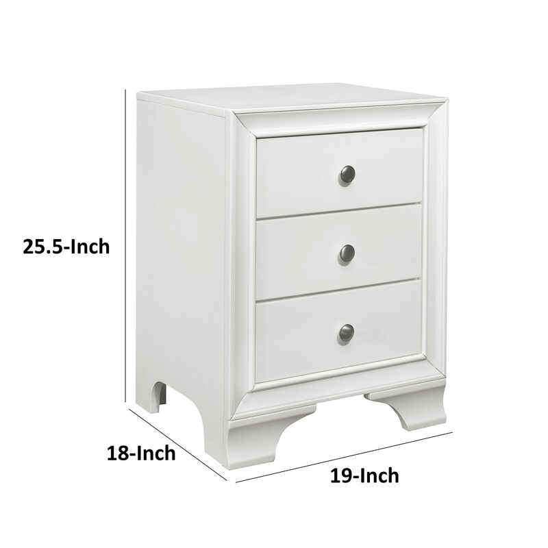 Folu 26 Inch Nightstand, USB Port, 3 Drawers with Chrome Knobs, White - Benzara