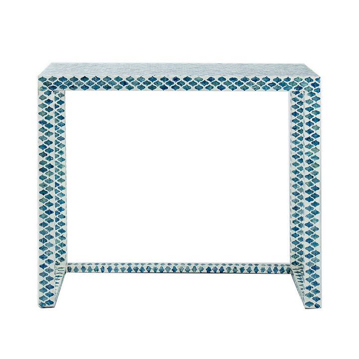 36 Inch Accent Console Table, Capiz Shell Inlay, Rectangular, Blue-Benzara