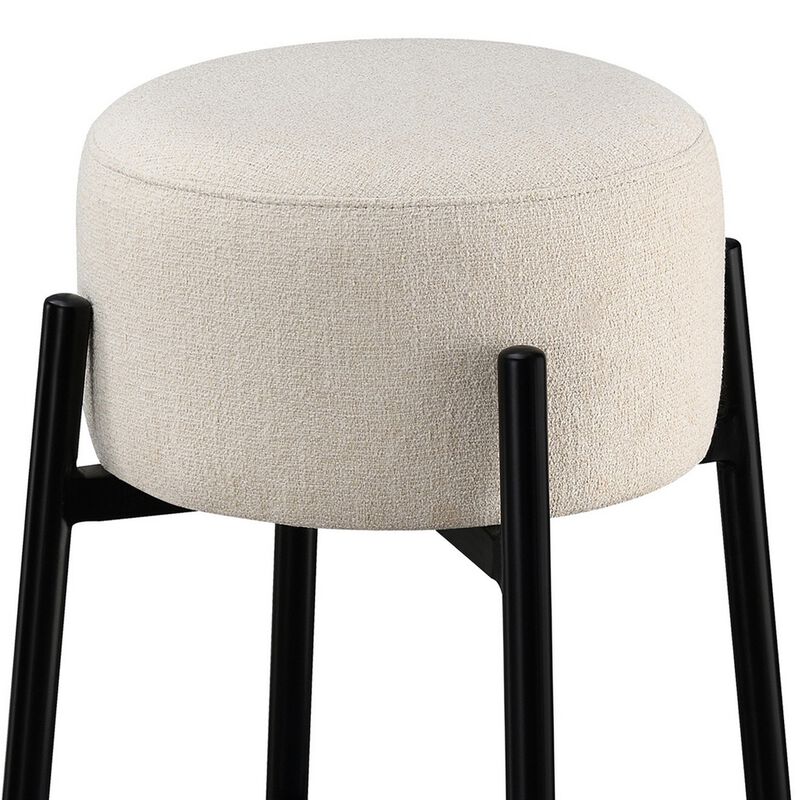 25 Inch Set of 2 Round Counter Height Stools, Black, White Fabric Pouf Seat-Benzara
