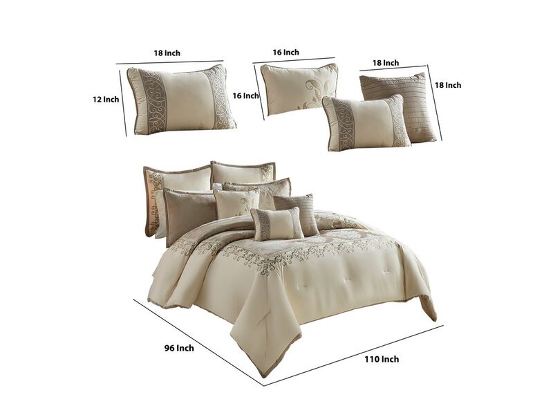 10 Piece King Polyester Comforter Set with Damask Print, Cream and Gold - Benzara