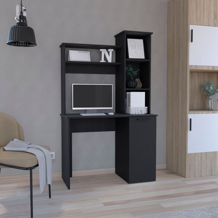 Carson Computer Desk with Hutch, Single Door Cabinet, Expansive Work Surface and 3-Tier Storage Shelves-Black