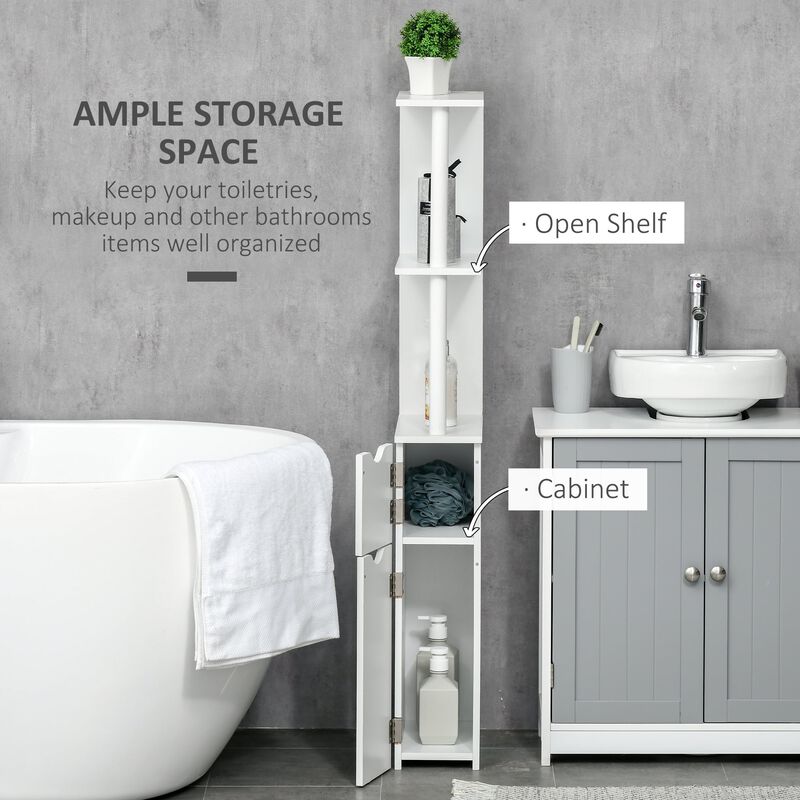 White Bathroom Tower: Tall Modern Cabinet with Open Shelves