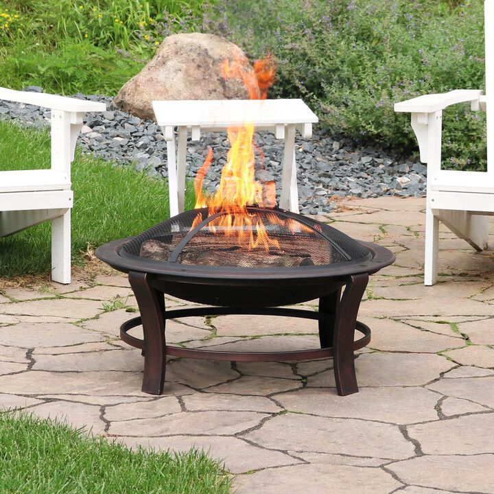 Sunnydaze 29 in Elevated Steel Fire Pit Bowl with Stand, Screen, and Poker