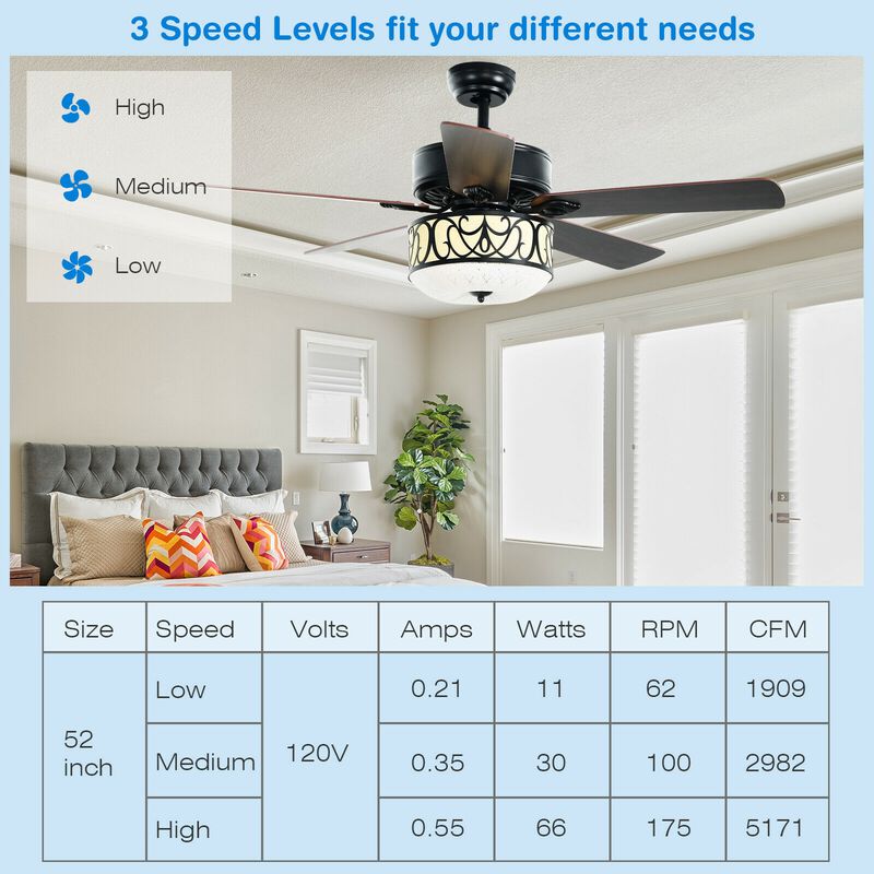 Ceiling Fan with Light Reversible Blade and Adjustable Speed