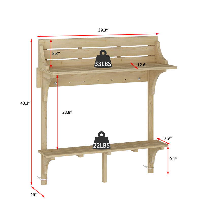 39.3 in. W x 43.3 in. H Outdoor Indoor Brown Wooden Plant Stand Flower Pot Rack Wall Mount For Garden Patio (2-Tier)