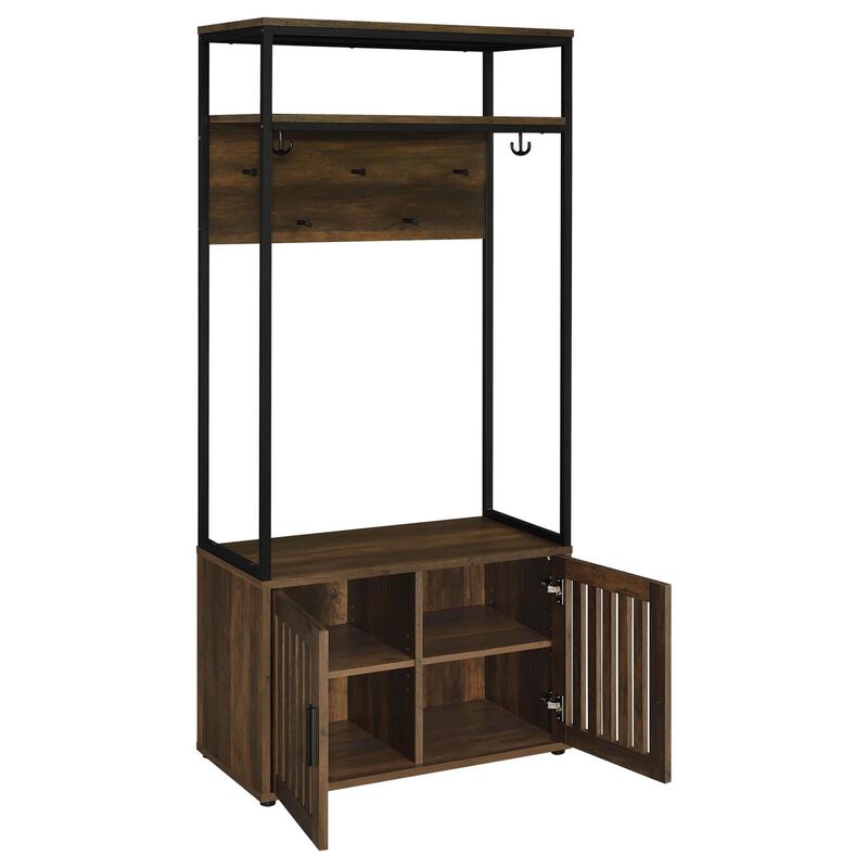 71 Inch Hall Tree Coat Rack, Shoe Cabinet with Shelves, Brown, Black - Benzara