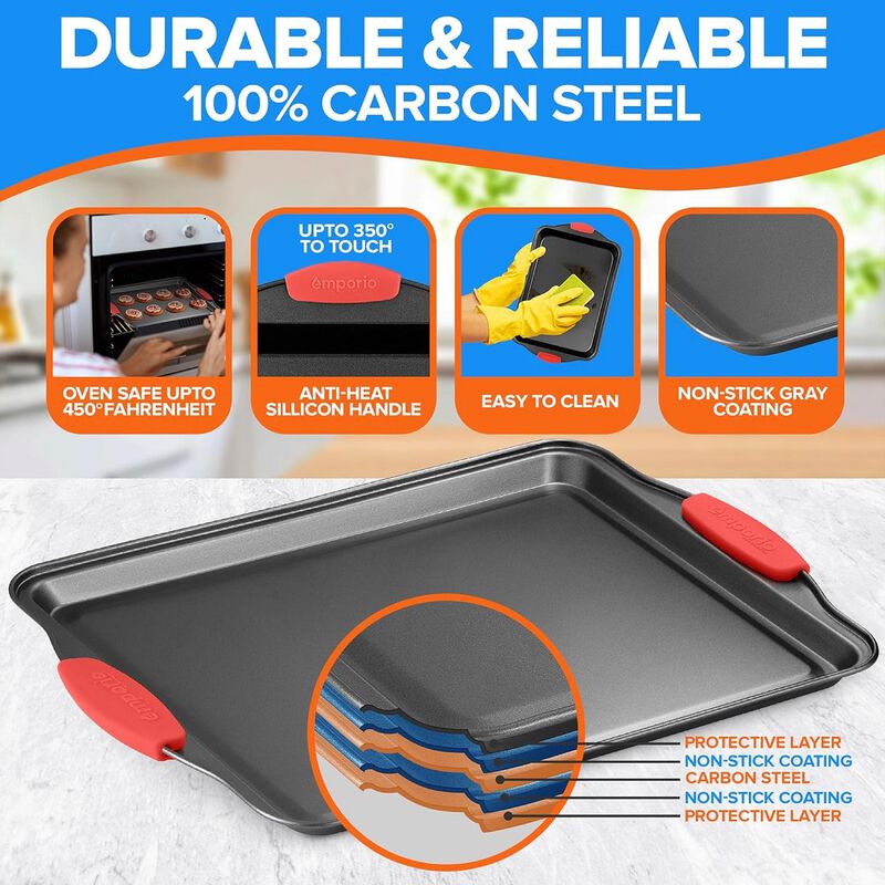 Baking Pan Set - Nonstick Coating, Carbon Steel Bakeware Set with Red Silicone Handles, PFOA, PFOS, PTFE Free, Recipe Booklet Included, Oven Safe Tray (Up To 450° F), Set of 25 - Black