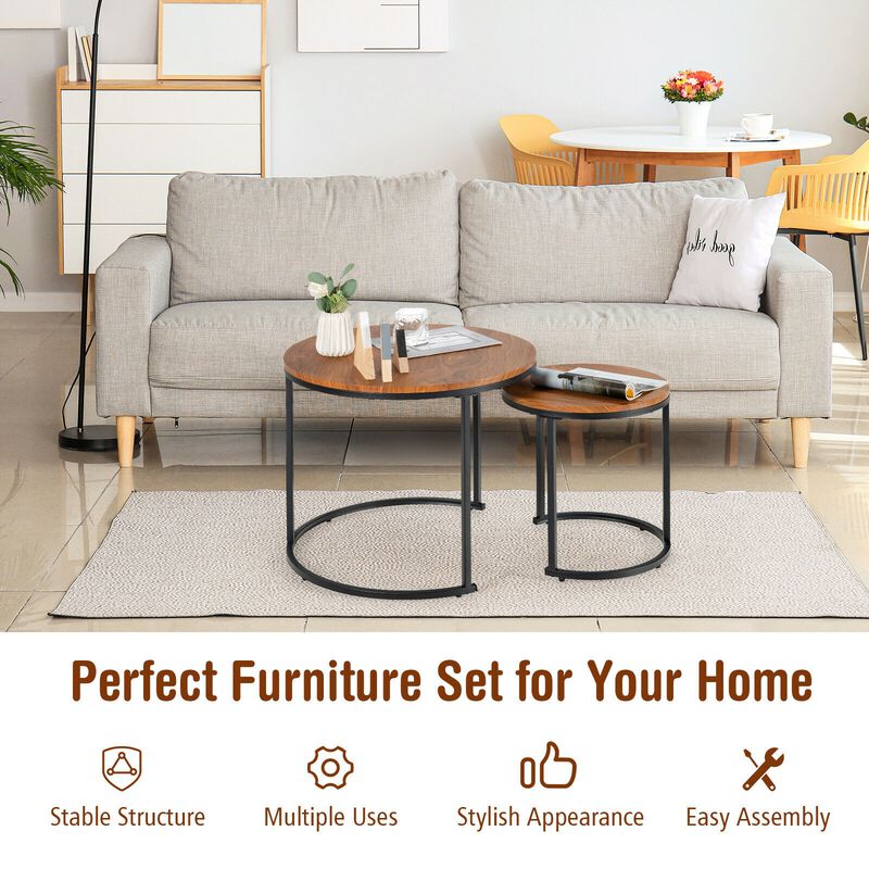 Set of 2 Modern Round Stacking Nesting Coffee Tables for Living Room