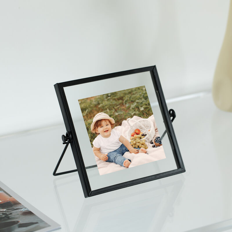 Modern Metal Floating Tabletop Square Photo Picture Frame with Glass Cover and Easel Stand, Black 4" x 4"