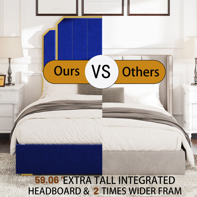 MONDAWE Queen Size Modern Platform Bed Frame and 59.06" Headboard, Upholstered Bed with Golden Plating Trim