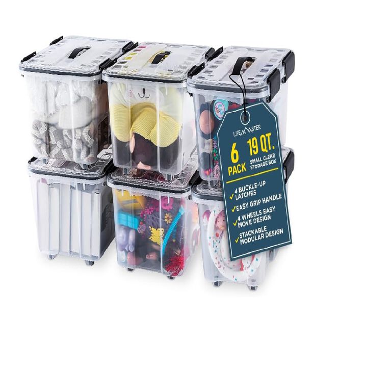 Stackable Storage Box Set - 6 Pieces 19 Quarts Multi-purpose, Space-Efficient Stackable Storage Boxes with Nestable Design, Secure Latches, Easy-Move Wheels & Pull-Out Base - Clear