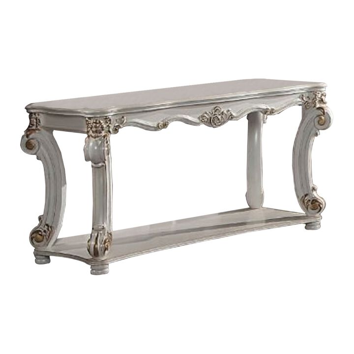 Jess 58 Inch Sofa Console Table, Classic Scrolled Legs, Brushed Gold, Shelf - Benzara