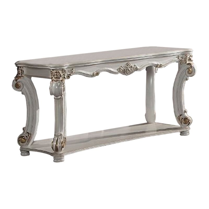 Jess 58 Inch Sofa Console Table, Classic Scrolled Legs, Brushed Gold, Shelf - Benzara