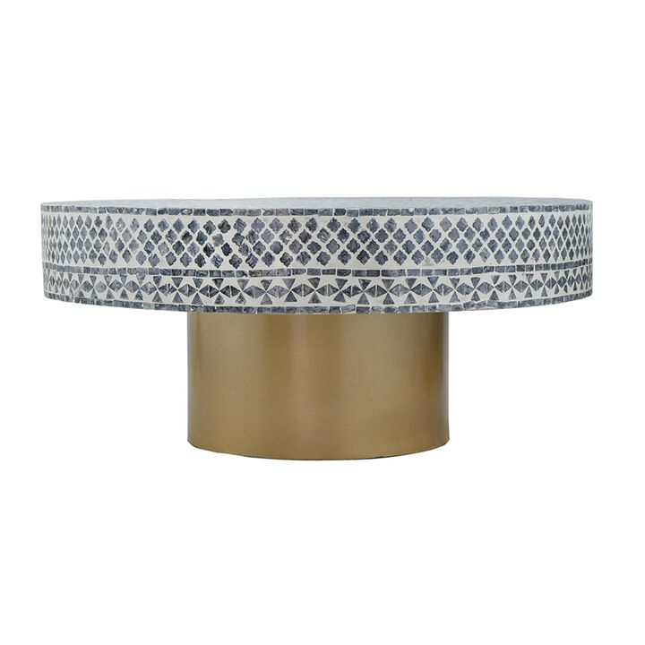 Benjara Piki 35 Inch Coffee Table, Mughal Capiz Inlaid Pattern, Gold, Gray, White and Brown