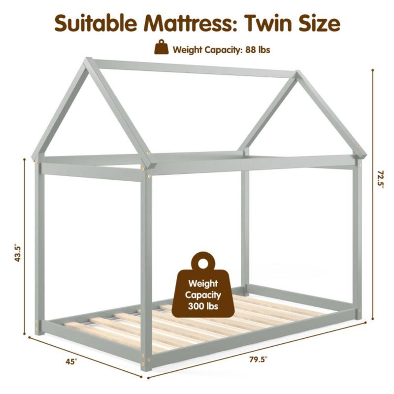 Hivvago Twin Size Kids House Bed Wood Frame with Roof