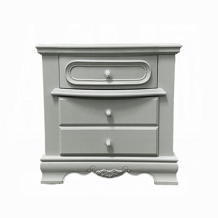 Auri Kids Nightstand, 3 Drawers and Scalloped Base, 27 Inch Gray Wood - Benzara