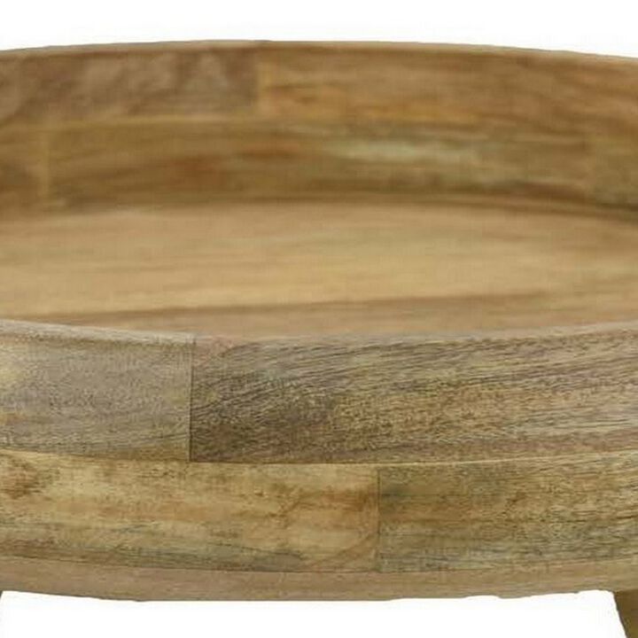 Remi 17 Inch Wood Decorative Bowl, Footed Pedestal Brown Solid Wood - Benzara