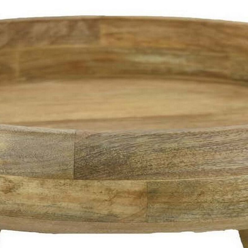 Remi 17 Inch Wood Decorative Bowl, Footed Pedestal Brown Solid Wood - Benzara