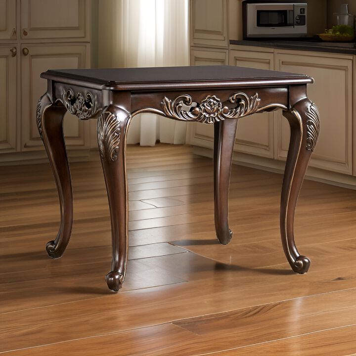 Halie Side End Table, 28 Inch, Classic Cabriole Legs, Dark Brown Solid Wood