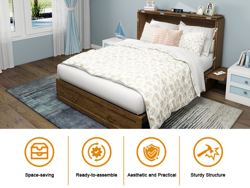 Murphy Bed Cabinet, Murphy Bed Queen with USB and Charging Ports, Murphy Bed Cabinet with Drawer,Reddish-Brown Cabinet Bed