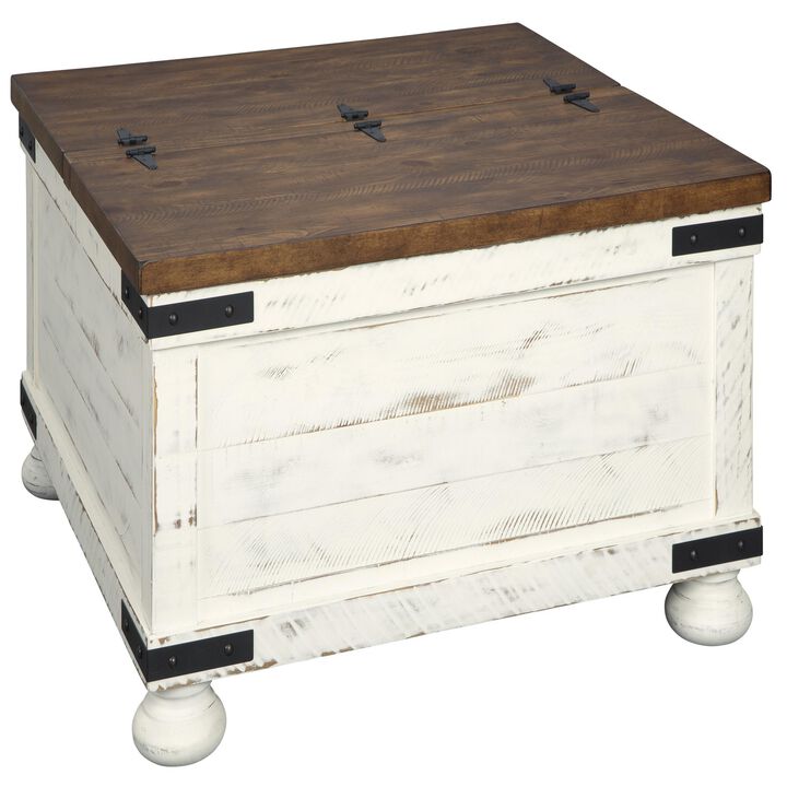 Farmhouse Two Tone Cocktail Table with Lift Top Storage, Brown and White-Benzara