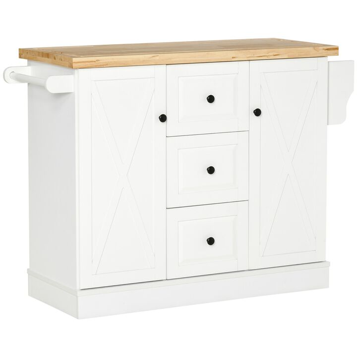 White Culinary Companion: Kitchen Island with Rubberwood Top & Storage