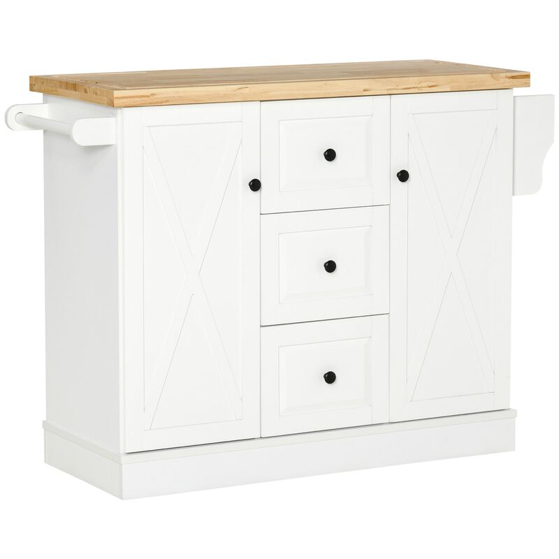 White Culinary Companion: Kitchen Island with Rubberwood Top & Storage
