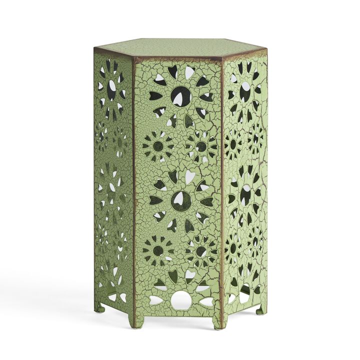 Liana Outdoor Side Table, Hexagonal 12 Inch, Sunburst Cut Out, Green - Benzara