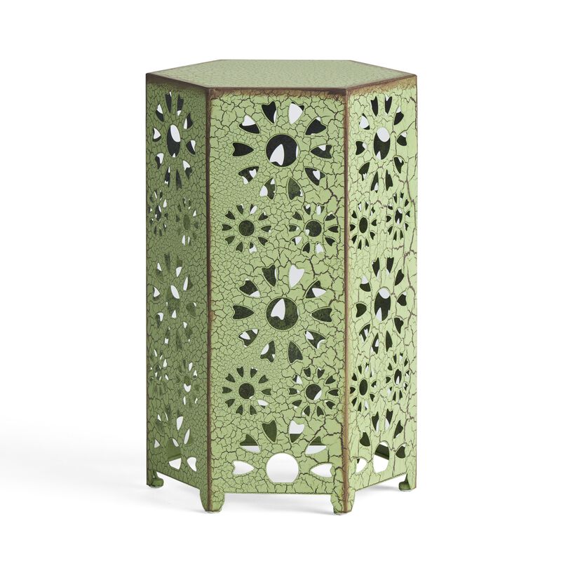 Liana Outdoor Side Table, Hexagonal 12 Inch, Sunburst Cut Out, Green - Benzara