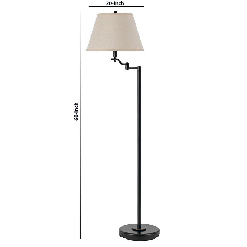 3 Way Metal Body Floor Lamp with Swing Arm and Conical Fabric Shade, Black-Benzara