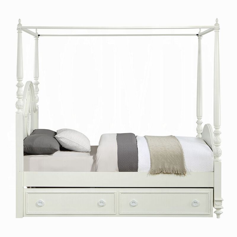 Dorie Full Size Poster Bed, Embossed Floral and Oval Molding, Ivory  - Benzara