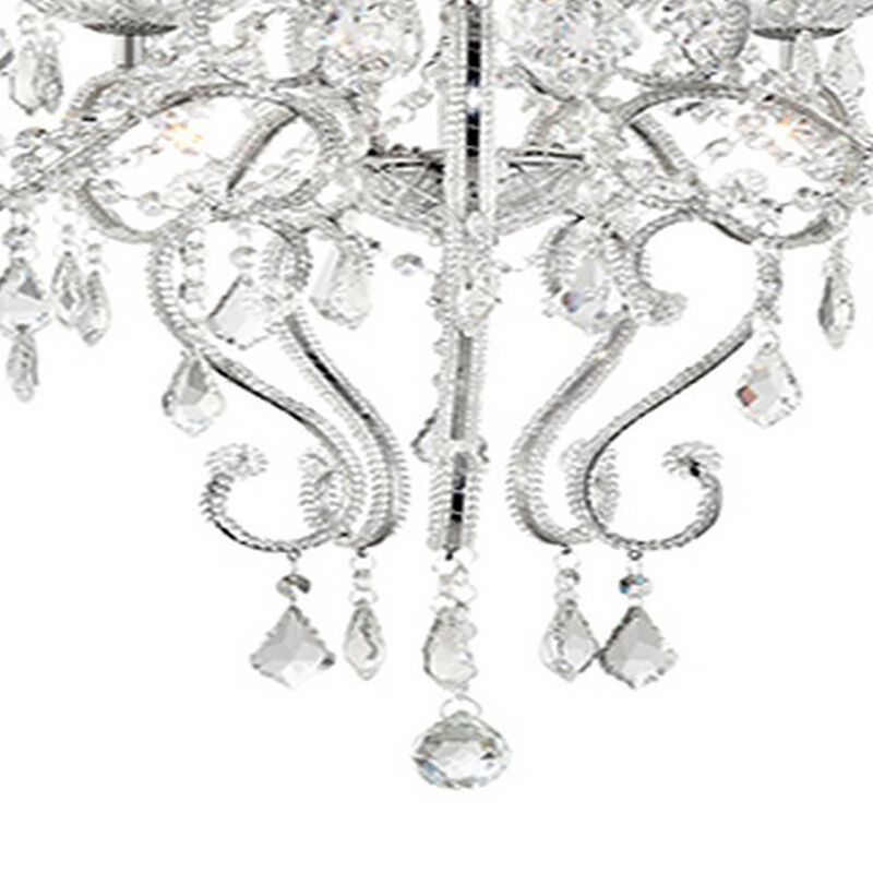 32 Inch Ceiling Lamp with Hanging Crystals, Round Canopy, Silver-Benzara