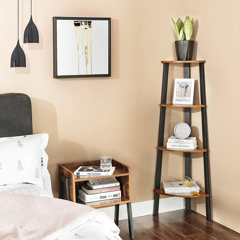 Wood Look 4-Tier Corner Bookcase – Rustic Brown Metal Frame