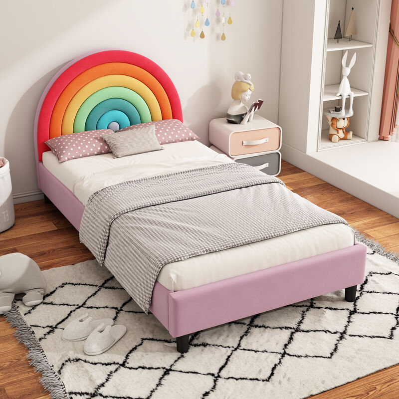 Merax Platform Bed with Rainbow Headboard Princess Kids Bed