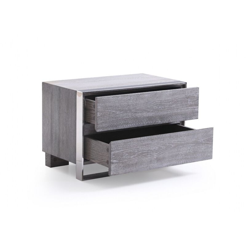 2 Drawer Rectangular Nightstand with Stainless Steel Legs, Gray-Benzara
