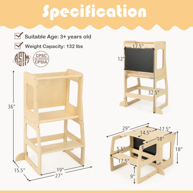 Hivvago 3-in-1 Foldable Kitchen Standing Tower for Toddlers with Chalkboard