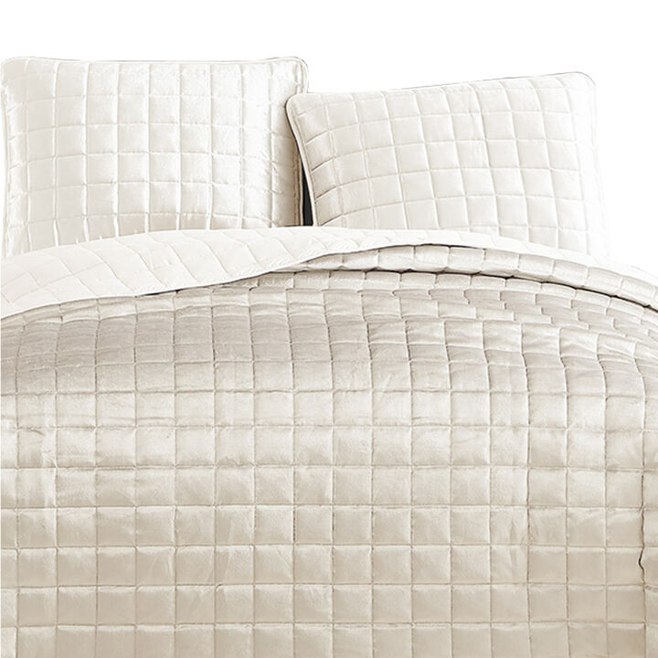 3 Piece Queen Size Coverlet Set with Stitched Square Pattern, Cream - Benzara