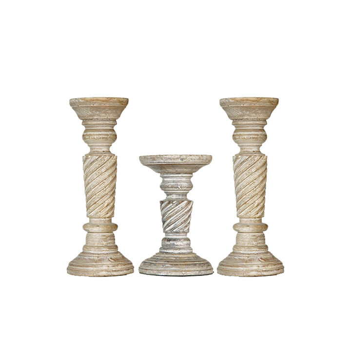 Traditional Antique White Eco-friendly Handmade Mango Wood Set Of Three 9",6" & 9" Pillar Candle Holder BBH Homes