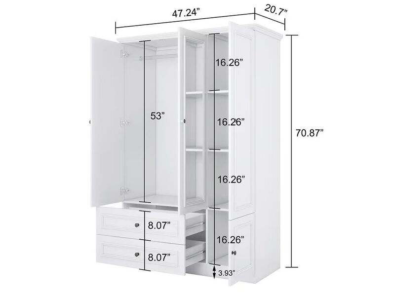 Armoire Wardrobe Closet Wooden with 3 Doors, Hanging Rods, 2 Drawers, Storage Cabinet and Mirror Large Capacity Large Wardrobe Closet for Bedroom, White