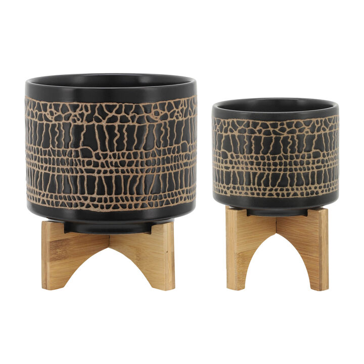 Glazed Planter with Stand, Black Set