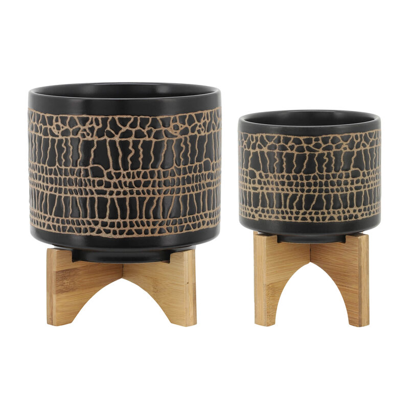 Glazed Planter with Stand, Black Set